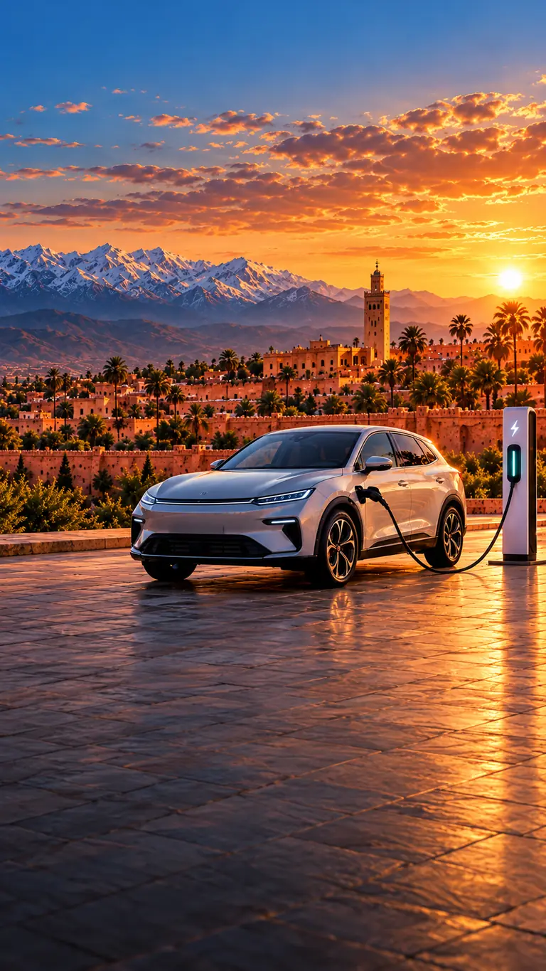Illustration : SUV électrique en recharge au coucher du soleil, Marrakech et l'Atlas en arrière-plan